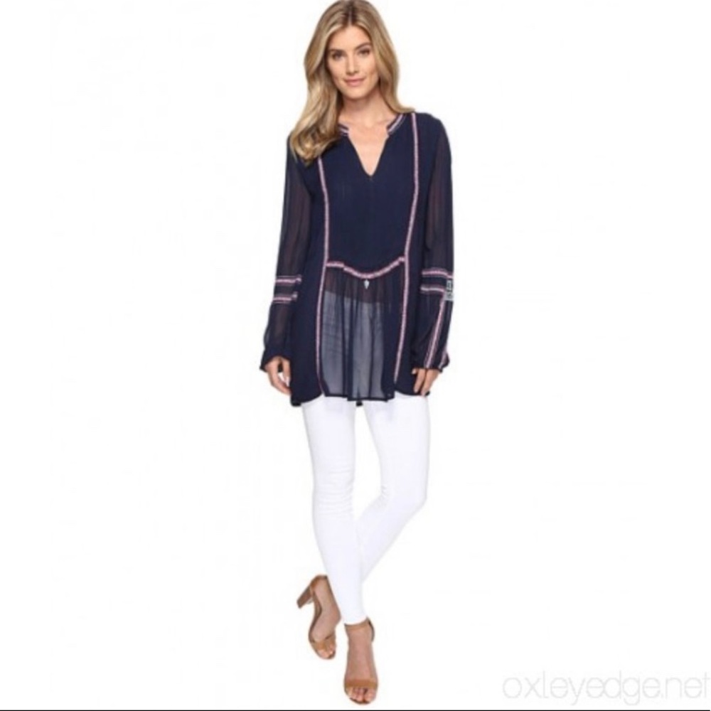 Tolani Sz L All Embroidered Boho Hippie Blouse Long Sleeve Shirt Blue Top